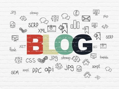 Web development concept: Blog on wall background 库存插图