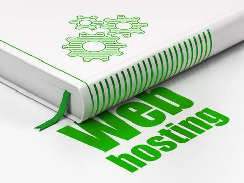 Web development concept: book Gears, Web Hosting on white background Illustrazione stock