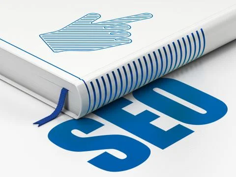 Web development concept: book Mouse Cursor, SEO on white background Illustrazione stock