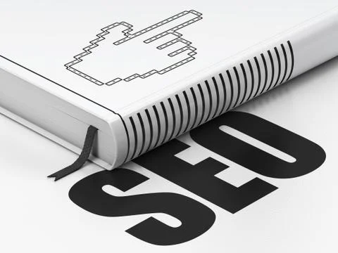 Web development concept: book Mouse Cursor, SEO on white background Stock Illustration
