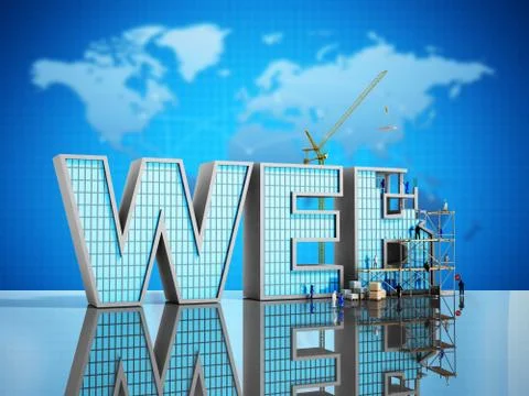 Web development concept Builders are working on the inscription WEB 3d illust Stock Illustration