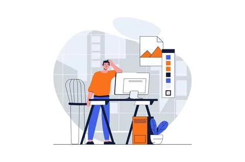 Web development concept with character scene. Man creating graphic elements.. Stock Illustration