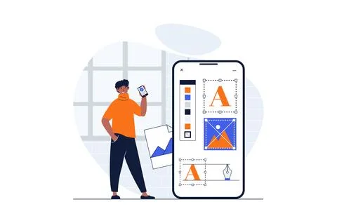 Web development concept with character scene. Man creating elements and col.. 库存插图