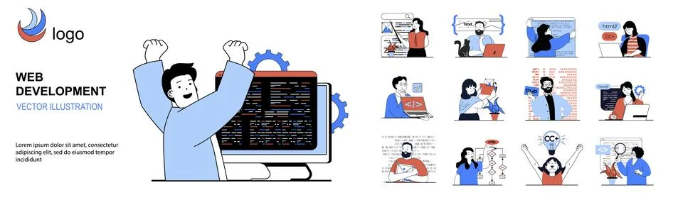 Web development concept with character situations mega set in flat design. .. Stock Illustration