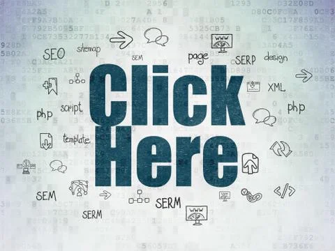Web development concept: Click Here on Digital Data Paper background Stock Illustration