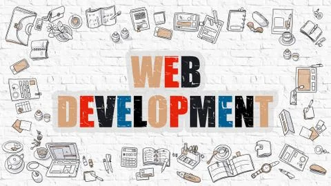 Web Development Concept with Doodle Design Icons 스톡 일러스트