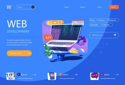 Web development concept in flat cartoon design for homepage layout. Program.. Stock Illustration