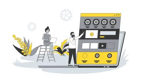 Web development concept in flat design with people. Man and women create site Stock Illustration