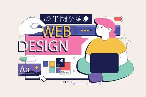 Web development concept in flat neo brutalism design. Woman creating homepage Stockillustratie
