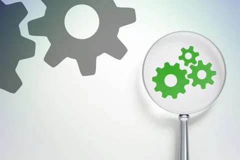 Web development concept:  Gears with optical glass on digital background Stock Illustration