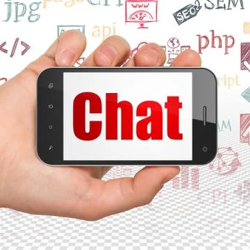 Web development concept: Hand Holding Smartphone with Chat on display 库存插图