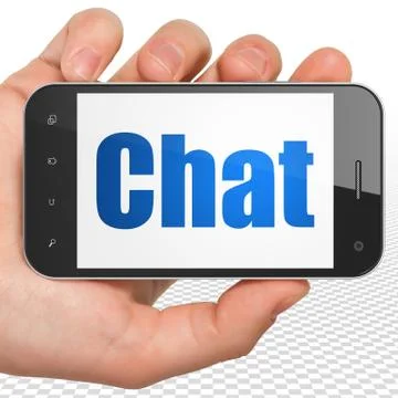 Web development concept: Hand Holding Smartphone with Chat on display 库存插图