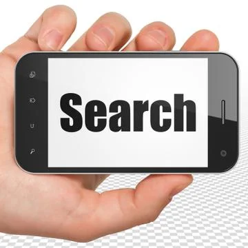 Web development concept: Hand Holding Smartphone with Search on display 스톡 일러스트