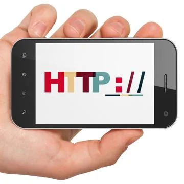 Web development concept: Hand Holding Smartphone with Http : / / on  display 库存插图