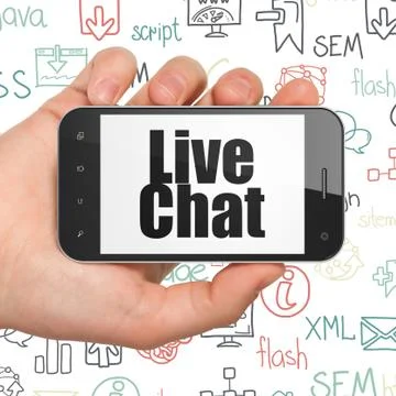 Web development concept: Hand Holding Smartphone with Live Chat on display 库存插图