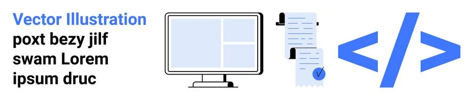 Web Development Concept with HTML Tags, Computer Monitor, and Documents Illustrazione stock