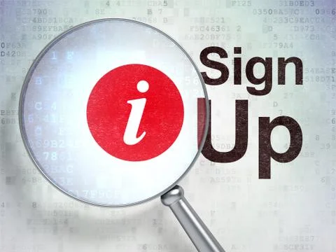Web development concept: Information and Sign Up with optical glass Stock Illustration