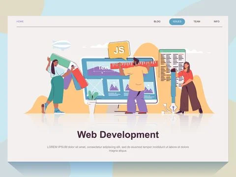 Web development concept for landing page in flat design. Man and woman work.. Stockillustratie