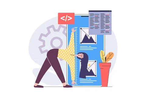 Web development concept in modern flat design for web. Woman developing and.. Illustrazione stock