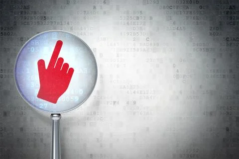 Web development concept: Mouse Cursor with optical glass on digital background 스톡 일러스트