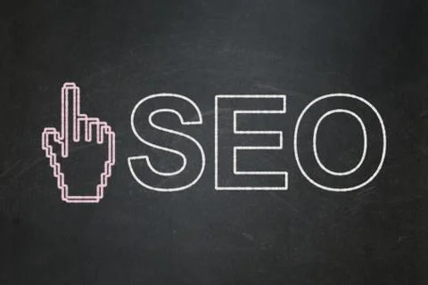 Web development concept: Mouse Cursor and SEO on chalkboard 스톡 일러스트