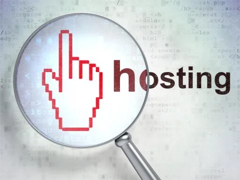 Web development concept: Mouse Cursor and Hosting with optical glass Illustrazione stock