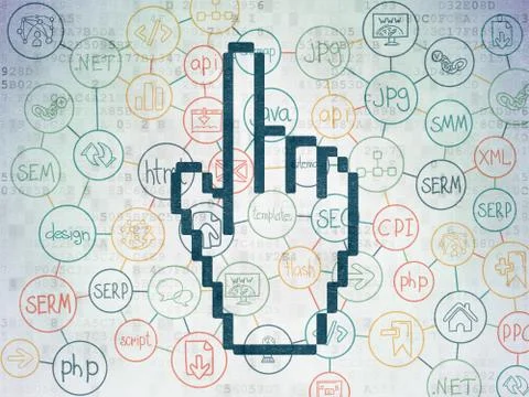 Web development concept: Mouse Cursor on Digital Data Paper background Stock Photos