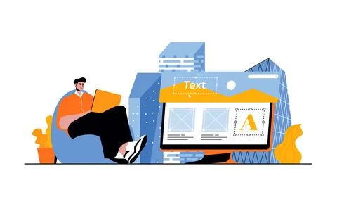 Web development concept with people in flat cartoon design. Man designing hom Stock Illustration