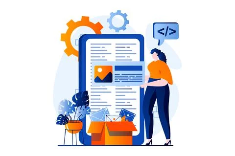 Web development concept with people scene in flat cartoon design. Woman creating Stock Illustration