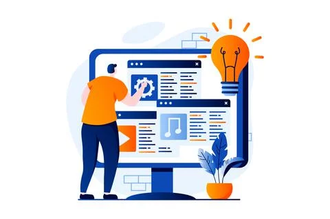 Web development concept with people scene in flat cartoon design. Man designer 库存插图