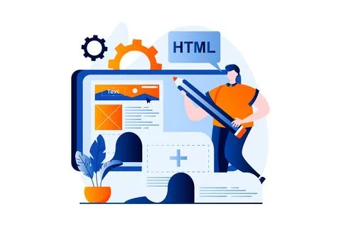 Web development concept with people scene in flat cartoon design. Man is Illustrazione stock