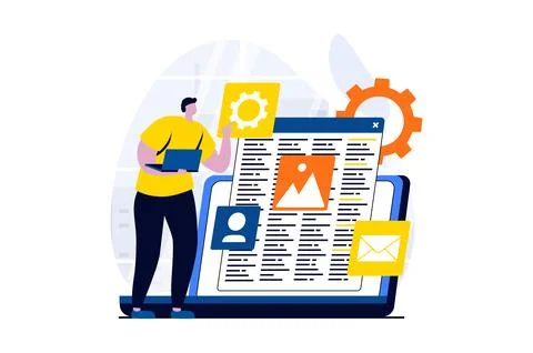 Web development concept with people scene in flat cartoon design. Man designer Illustrazione stock