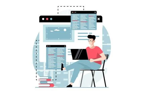 Web development concept with people scene in flat design. Man programming a.. Illustrazione stock