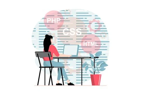 Web development concept with people scene in flat design. Woman writes code.. Illustrazione stock