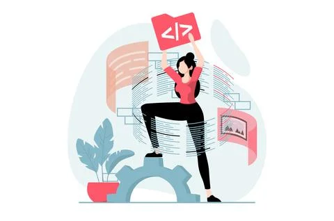 Web development concept with people scene in flat design. Woman works with .. Illustrazione stock