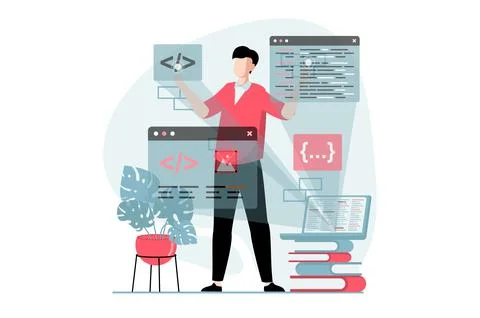 Web development concept with people scene in flat design. Man works with di.. Illustrazione stock