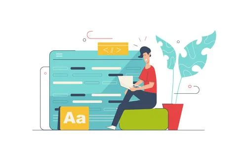 Web development concept with people scene in flat cartoon design. Man creates Stock Illustration
