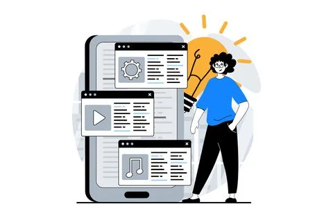 Web development concept with people scene in flat design. Man placing conte.. Stock Illustration