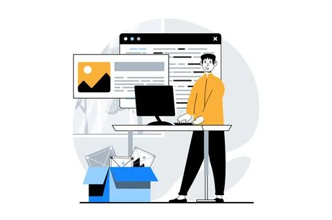 Web development concept with people scene in flat design. Man working with .. Stock Illustration
