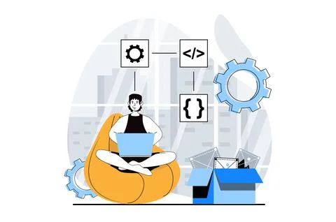 Web development concept with people scene in flat design. Man creating algo.. 스톡 일러스트