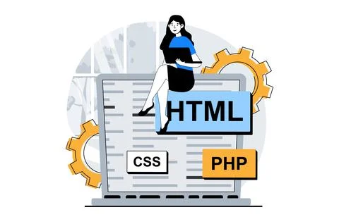 Web development concept with people scene in flat design. Woman programming.. イラスト素材