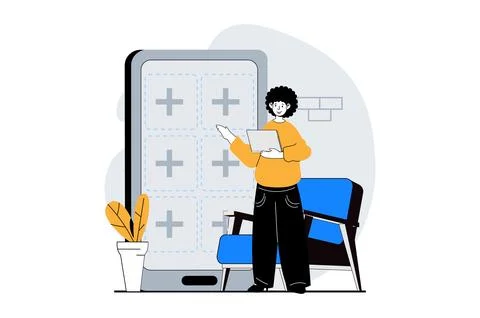 Web development concept with people scene in flat design. Man creating layout Stock Illustration