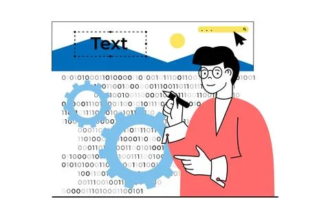 Web development concept with people scene in flat design. Man works with abst Stock Illustration