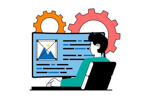 Web development concept with people scene in flat design. Man creating homepa Stock Illustration