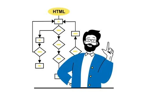 Web development concept with people scene in flat design. Man working at prog 스톡 일러스트