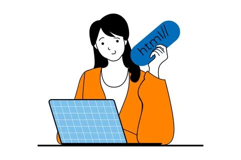 Web development concept with people scene in flat design. Woman programming a Stock Illustration