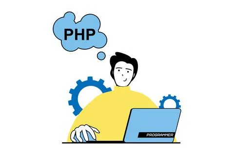 Web development concept with people scene in flat design. Man screaming websi 스톡 일러스트