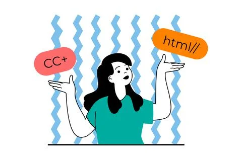 Web development concept with people scene in flat design. Woman coding at dif 스톡 일러스트