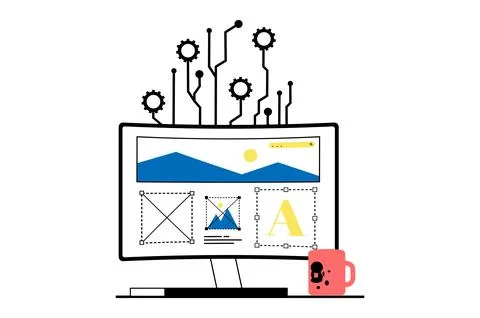 Web development concept with people scene in flat design. UI wireframe homepa 스톡 일러스트