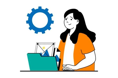 Web development concept with people scene in flat design. Woman creating inte Illustrazione stock